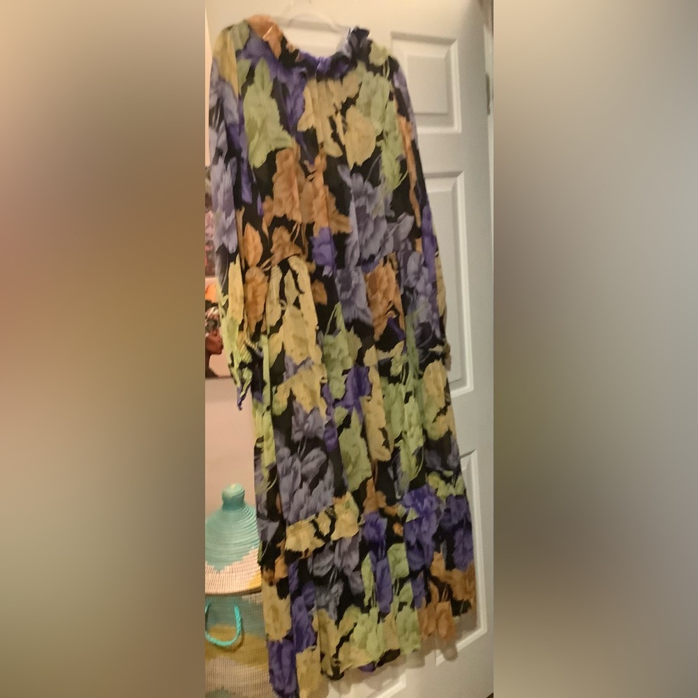 Anthropologie Floral Long-Sleeve Maxi Dress in Black, Yellow & Lavender - Picture 6 of 11